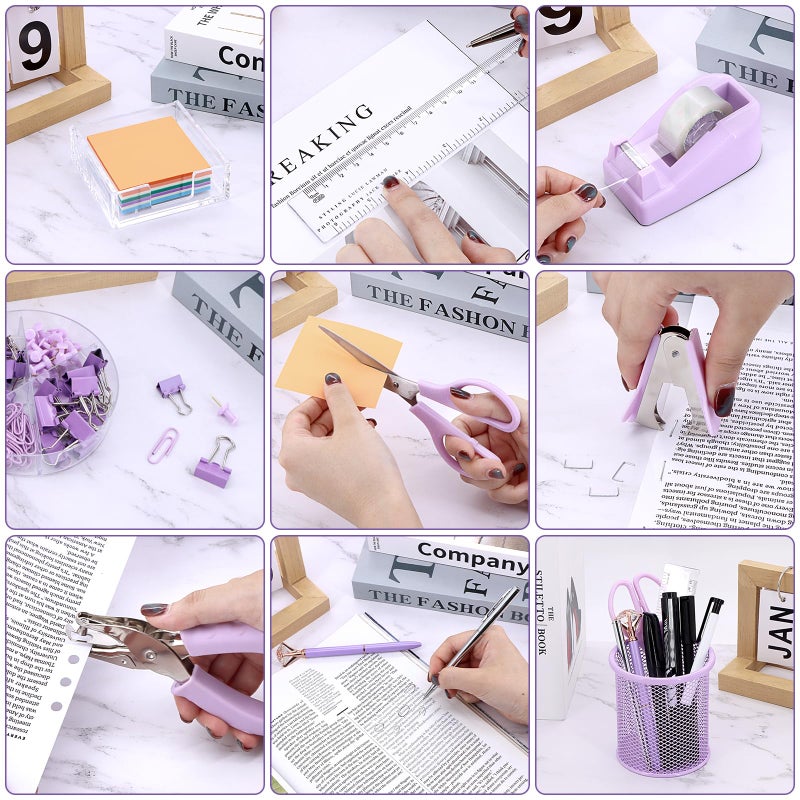 Froidesente 17 in 1 Purple Desk Organizers and Accessories Set  3 Office Desk Supplies Storage Organization  4 Pens  Stapler  Staples & Remover  Tape & Dispenser  Scissors  Ruler  Clips  Hole Punch  Sticky Holder - Image 5